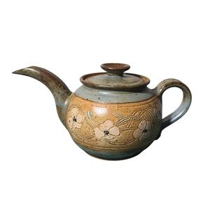 Vintage Pottery Salt Glazed Tea Pot Signed~Floral Design